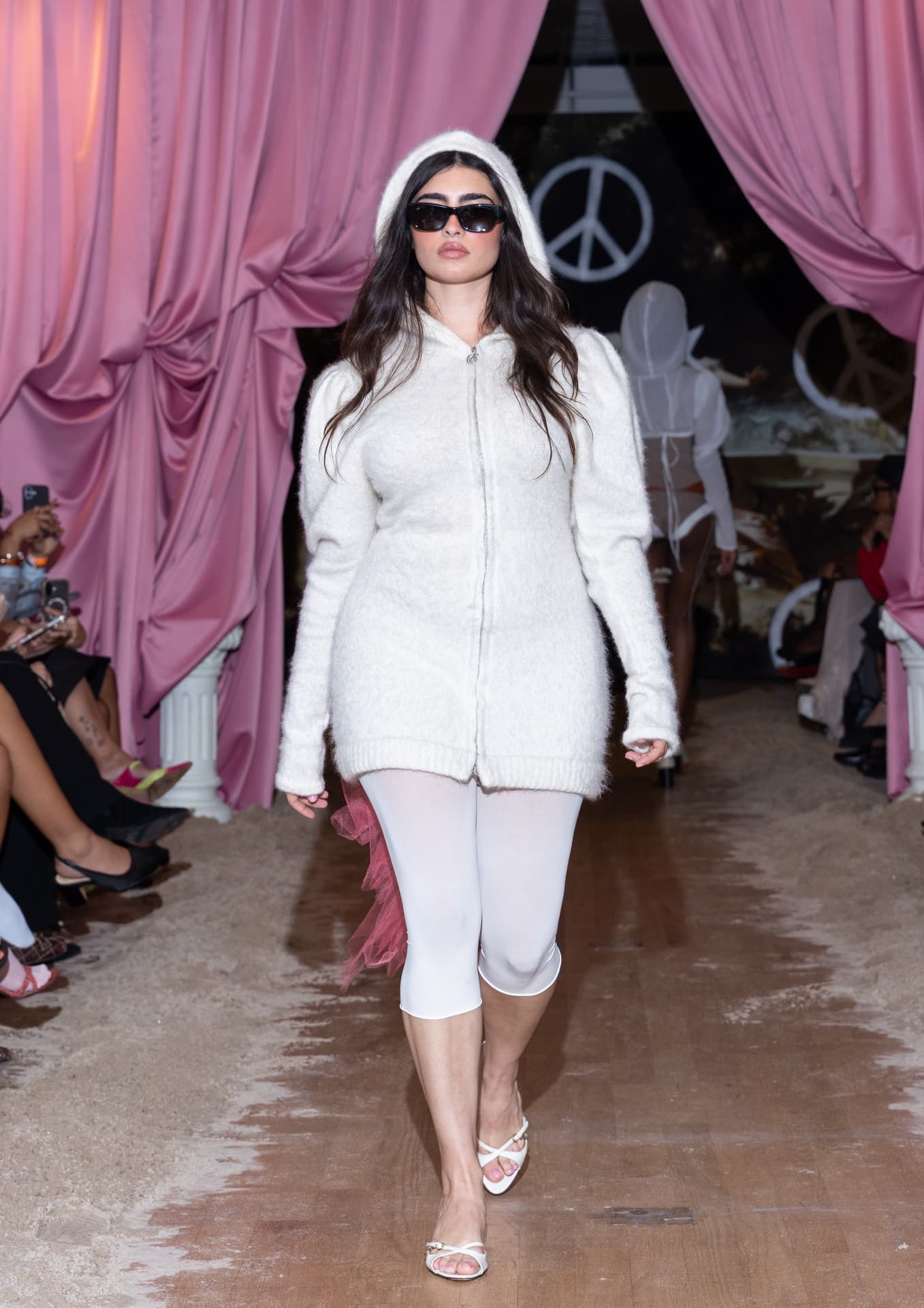 Ella Mae SS27 — cream fuzzy hooded tunic with slim white leggings