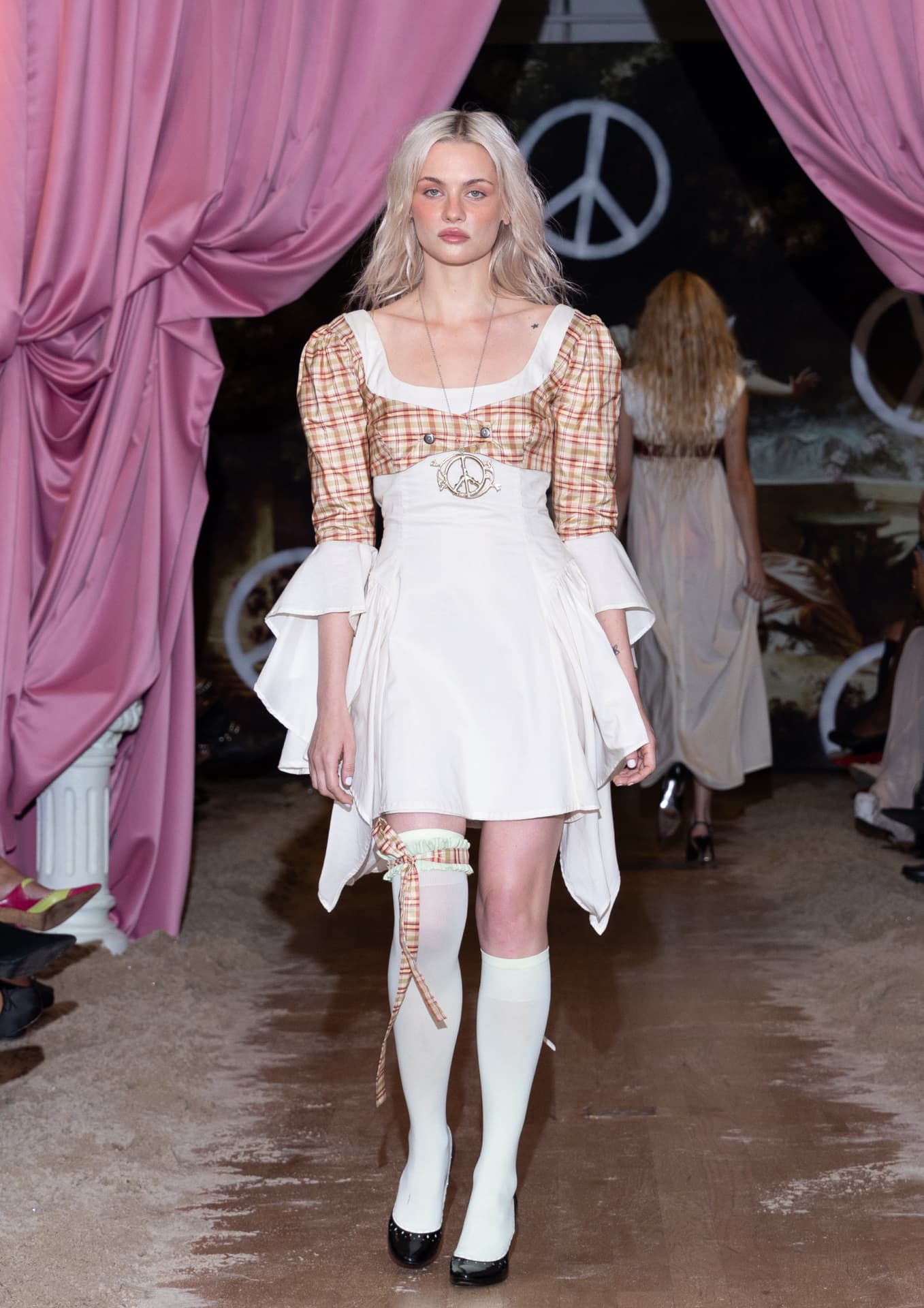 Ella Mae SS27 — white flared dress with a plaid puffed-sleeve bolero