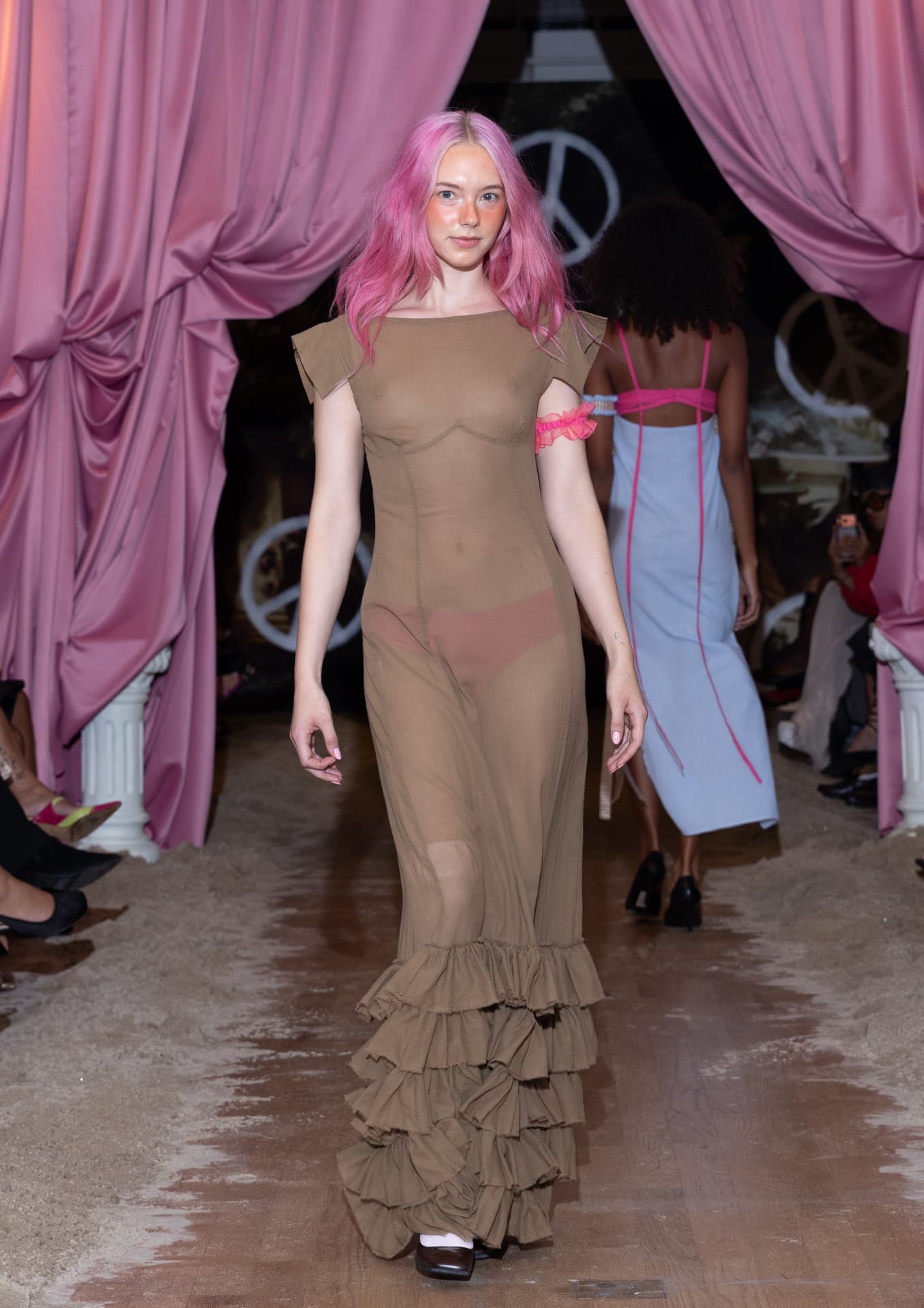 Ella Mae SS27 — sheer olive floor-length dress with a tiered ruffled hem
